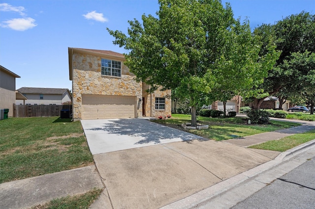 view of front of property featuring a front yard, central AC, and a garage