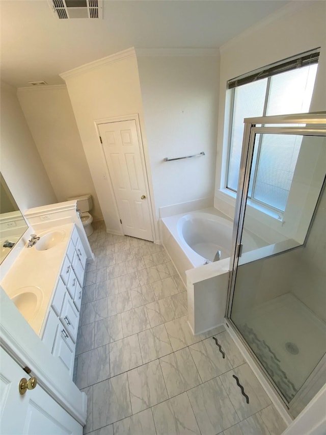 full bathroom with toilet, vanity, independent shower and bath, and crown molding