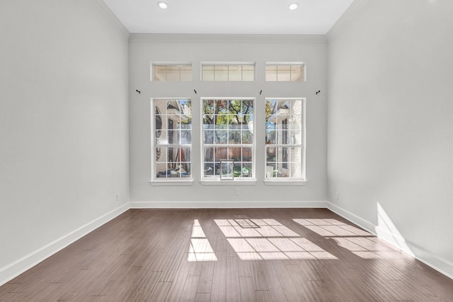 empty room with crown molding and dark wood-type flooring