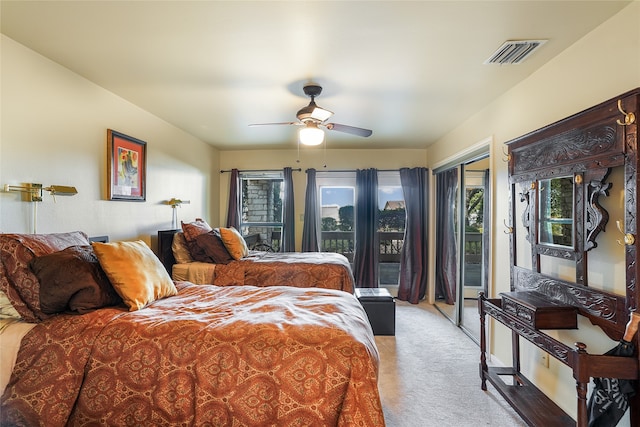 bedroom with access to outside, ceiling fan, and light carpet