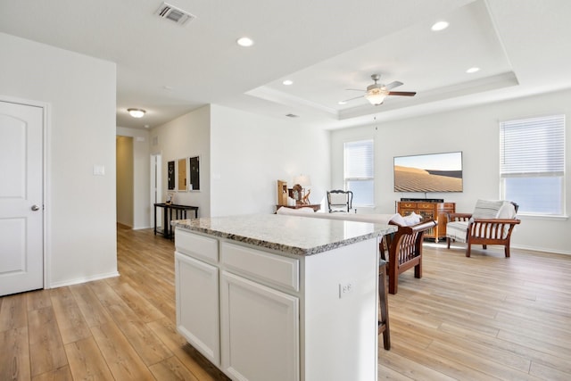 kitchen featuring light wood-type flooring, a kitchen island, white cabinets, and a tray ceiling