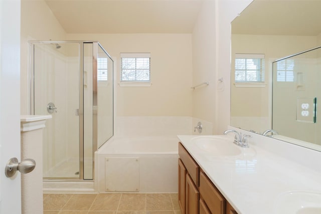 bathroom featuring vanity, tile patterned flooring, and independent shower and bath