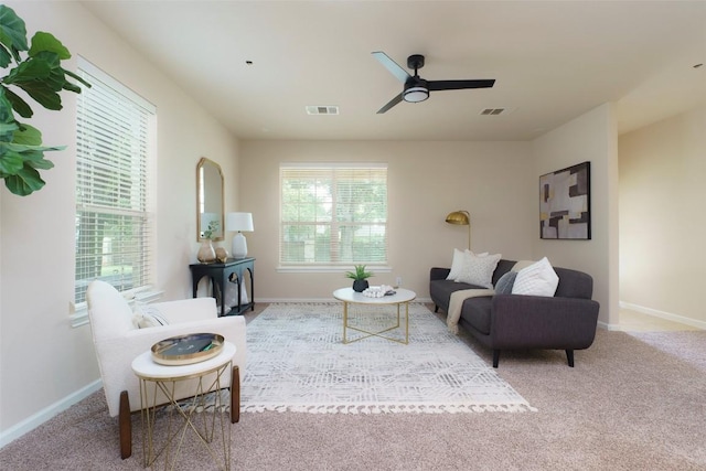 14815 Avery Ranch Blvd Unit 1703, Austin, TX 78717 - carpeted living room with baseboards, a ceiling fan, and visible vents