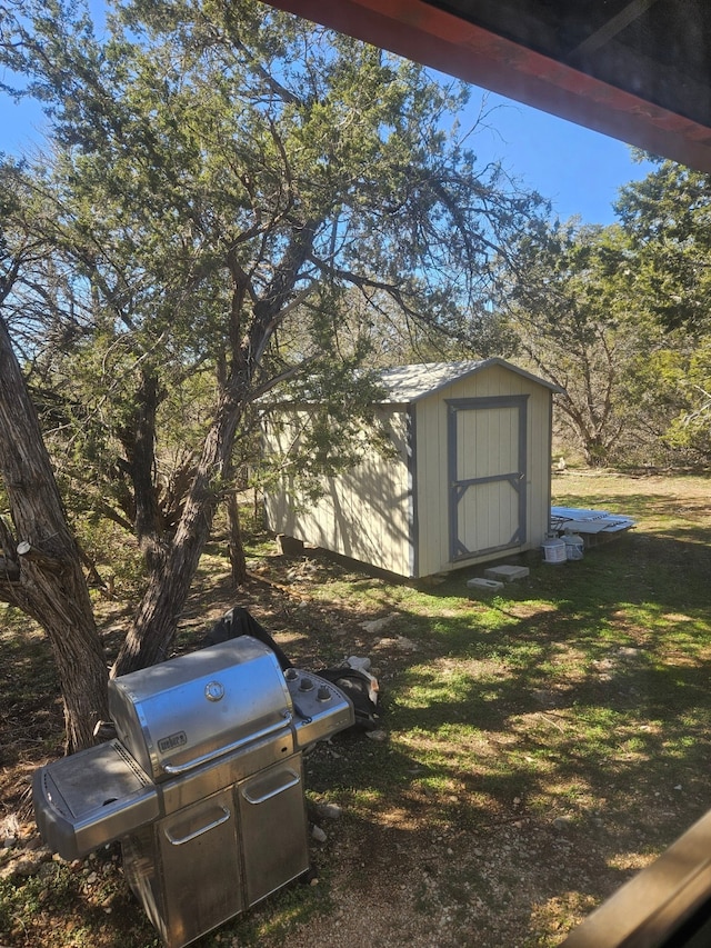 view of yard featuring a storage shed