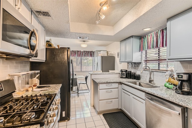 kitchen with tasteful backsplash, a raised ceiling, sink, a healthy amount of sunlight, and appliances with stainless steel finishes