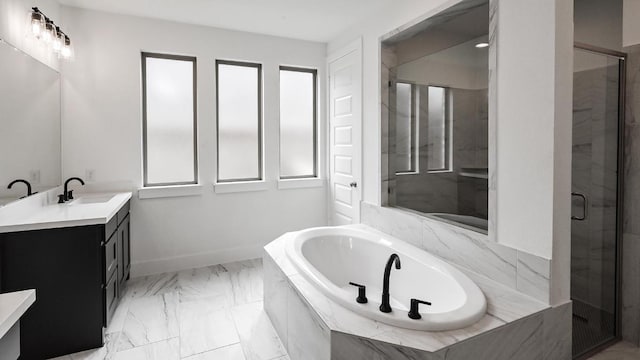 330 Allegheny Way, Kyle, TX 78640 - full bath featuring marble finish floor, vanity, a stall shower, baseboards, and a bath
