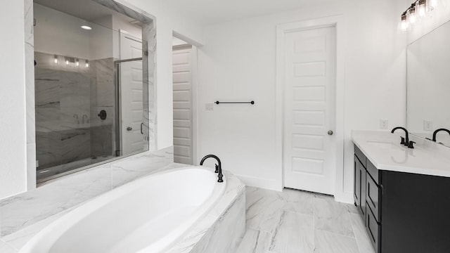 330 Allegheny Way, Kyle, TX 78640 - bathroom with a stall shower, marble finish floor, vanity, and a bath