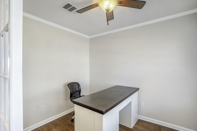 home office with ceiling fan, dark wood-type flooring, and ornamental molding