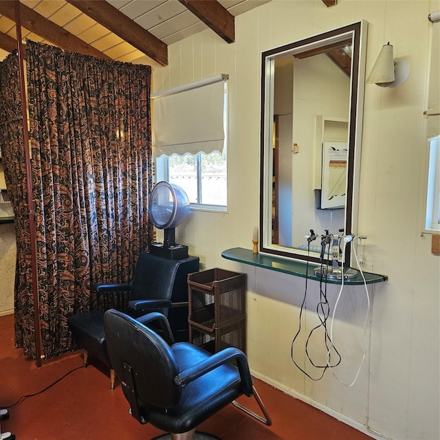 sitting room featuring lofted ceiling with beams and wood ceiling