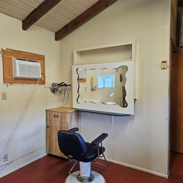 interior space with an AC wall unit, wooden ceiling, wood walls, and beamed ceiling