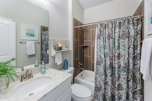 full bathroom featuring toilet, vanity, and shower / tub combo