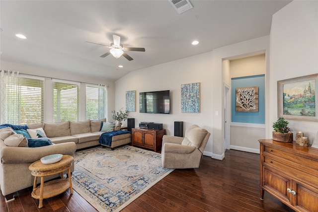 living room with ceiling fan, dark hardwood / wood-style flooring, and lofted ceiling