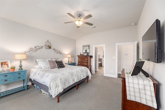 bedroom featuring ceiling fan, carpet, and lofted ceiling