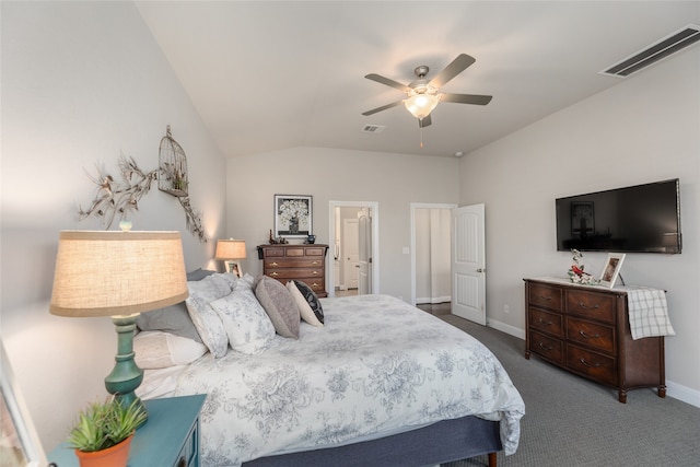 carpeted bedroom with ceiling fan and lofted ceiling