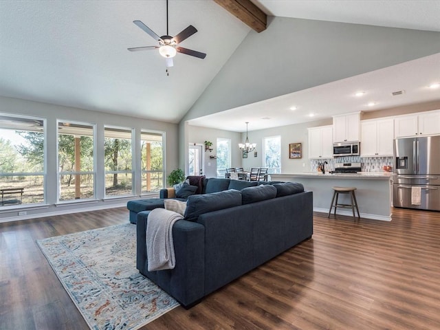 living room with high vaulted ceiling, dark hardwood / wood-style floors, beam ceiling, and ceiling fan with notable chandelier