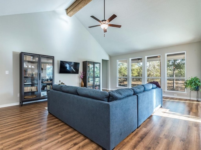 living room with high vaulted ceiling, ceiling fan, dark hardwood / wood-style floors, and beamed ceiling