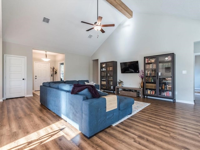 living room with high vaulted ceiling, beam ceiling, ceiling fan, and dark hardwood / wood-style flooring