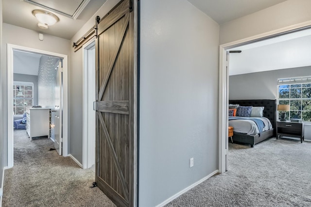 corridor featuring light colored carpet and a barn door