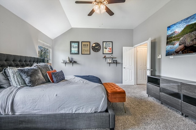 bedroom featuring ceiling fan, lofted ceiling, and carpet flooring