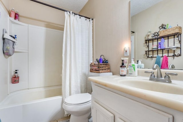 full bathroom with a textured ceiling, toilet, shower / bathtub combination with curtain, and vanity