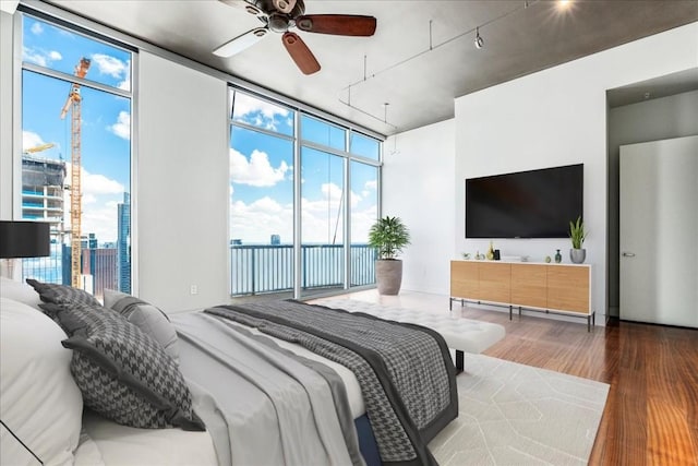 360 Nueces St Unit 4305, Austin, TX 78701 - bedroom with access to exterior, wood finished floors, a wall of windows, and a view of city
