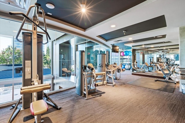 workout area with floor to ceiling windows, carpet floors, and a tray ceiling