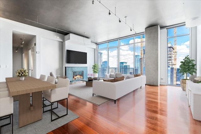 360 Nueces St Unit 4305, Austin, TX 78701 - living room featuring wood finished floors, a glass covered fireplace, and a wall of windows