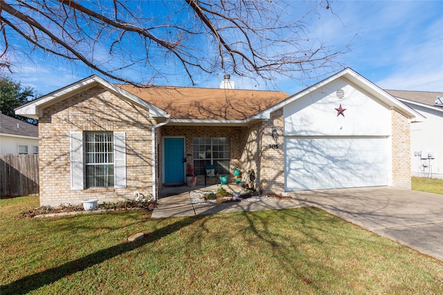 ranch-style home featuring a front lawn and a garage