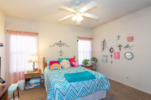 bedroom featuring ceiling fan and carpet floors