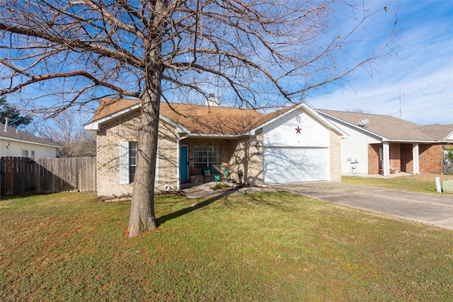 single story home featuring a front lawn and a garage