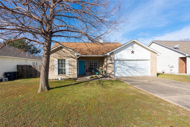 ranch-style house featuring a garage and a front lawn