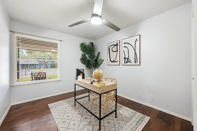 home office with ceiling fan and wood-type flooring