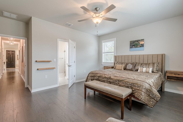 bedroom featuring ceiling fan and dark hardwood / wood-style floors