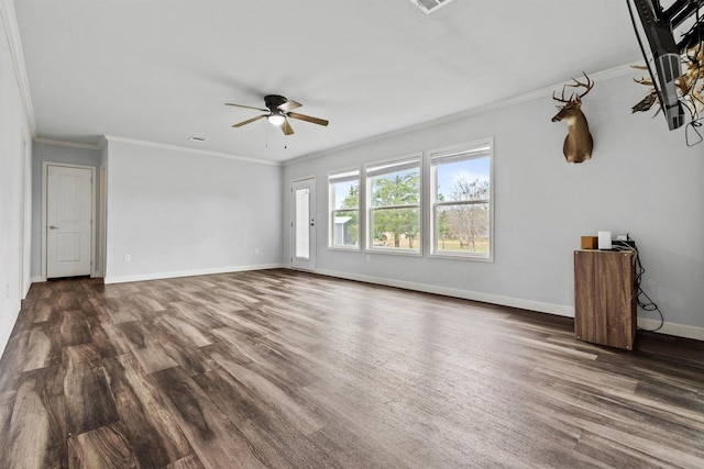 unfurnished living room with ceiling fan, dark hardwood / wood-style flooring, and crown molding