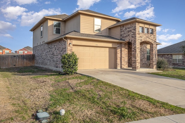 front facade with a garage and a front lawn