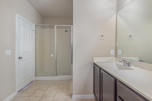 bathroom with tile patterned floors, a shower with door, and vanity