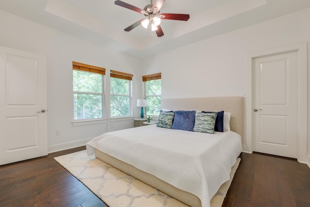 bedroom featuring ceiling fan, a tray ceiling, and dark hardwood / wood-style flooring