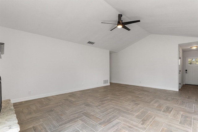 unfurnished living room with ceiling fan and light parquet floors