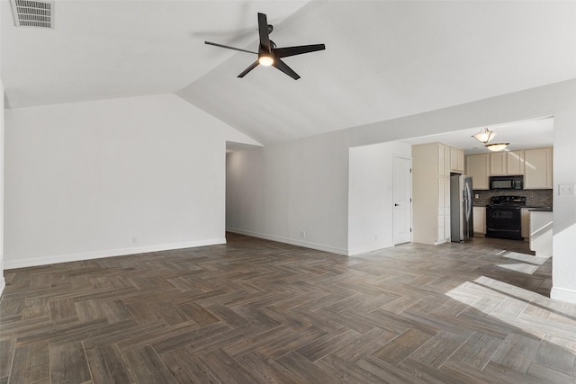 unfurnished living room featuring vaulted ceiling, ceiling fan, and dark parquet flooring