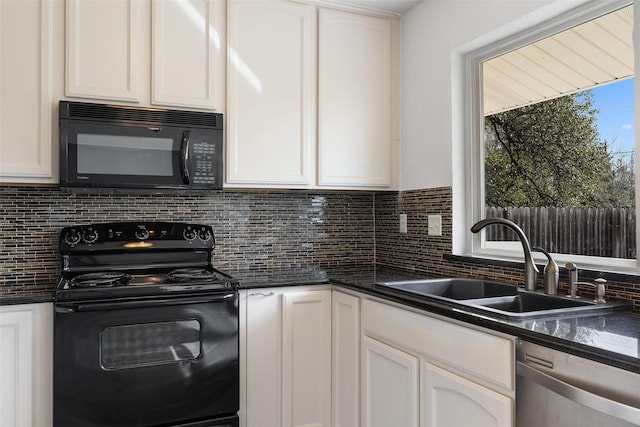 kitchen with sink, white cabinetry, and black appliances