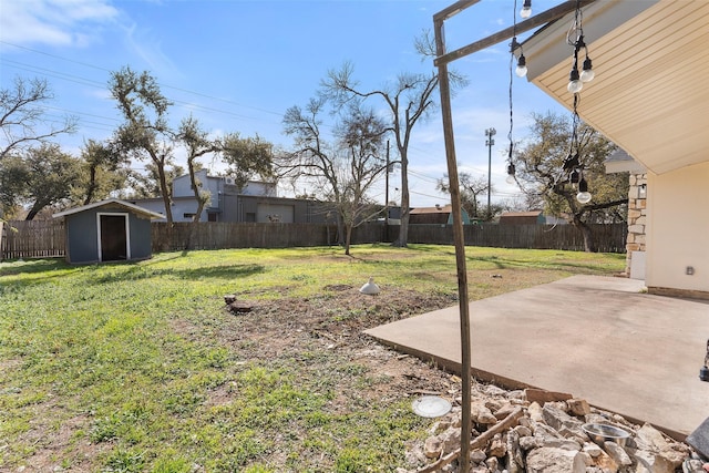 view of yard with a patio and a storage unit