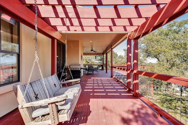 view of patio / terrace featuring ceiling fan, a pergola, a deck, and area for grilling