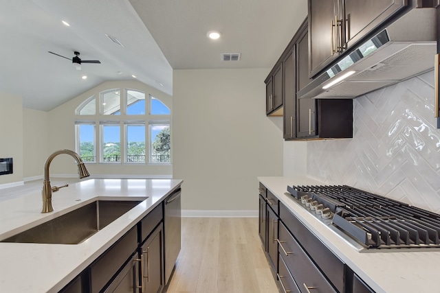 kitchen with visible vents, under cabinet range hood, light wood-type flooring, appliances with stainless steel finishes, and a sink