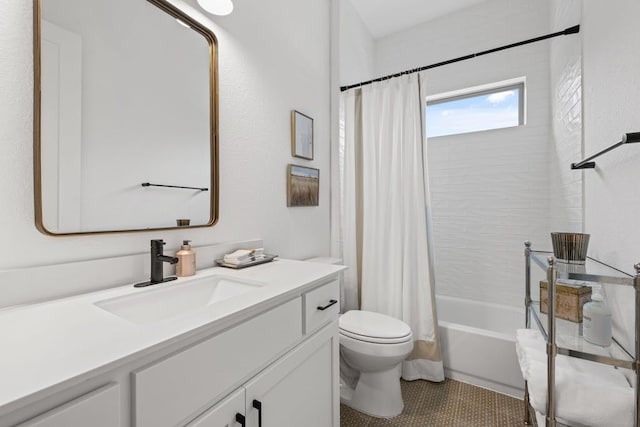 full bathroom with toilet, vanity, shower / bath combo, and tile patterned flooring