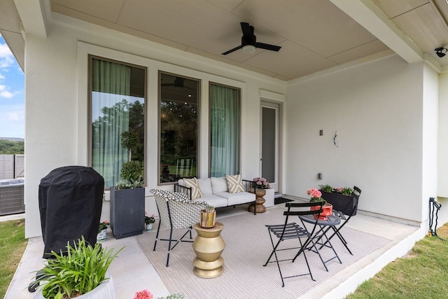 view of patio featuring ceiling fan, central air condition unit, outdoor lounge area, and area for grilling