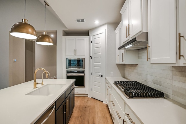 8412 Bouvreuil Dr, Austin, TX 78738 - kitchen with appliances with stainless steel finishes, a sink, under cabinet range hood, light countertops, and white cabinetry