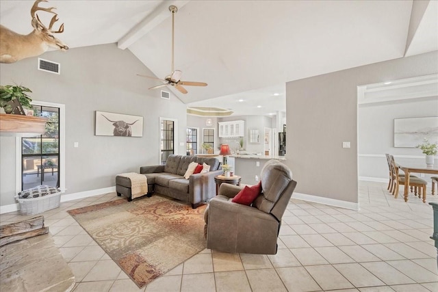 tiled living room featuring beam ceiling, ceiling fan, and high vaulted ceiling