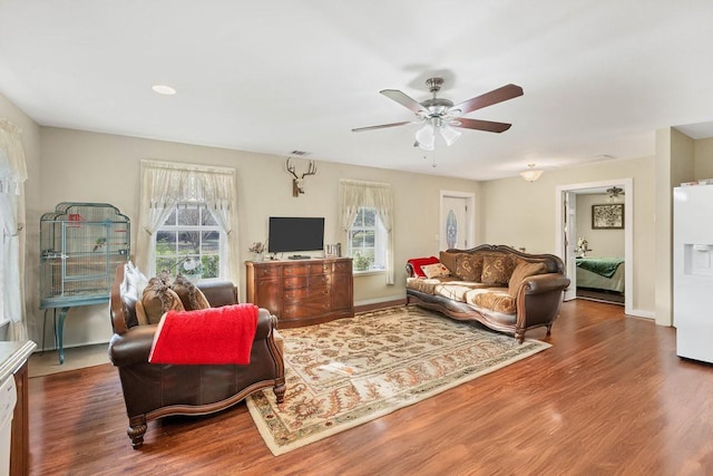 living room featuring ceiling fan, a wealth of natural light, and hardwood / wood-style flooring