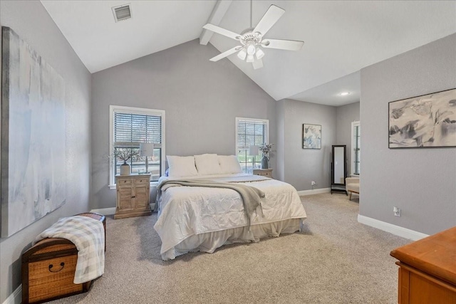 bedroom featuring ceiling fan, light colored carpet, beamed ceiling, and high vaulted ceiling