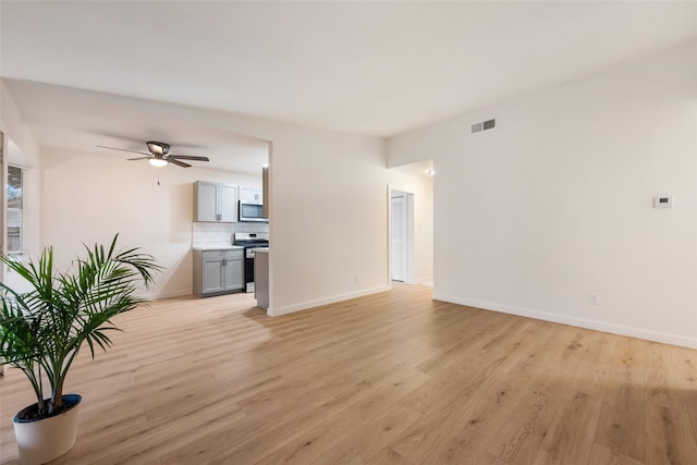 unfurnished living room featuring ceiling fan and light hardwood / wood-style floors